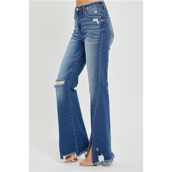 NWT RISEN High Rise Front Slit Frayed Hem Flare Jeans, Some Stretch, Distressed - Picture 3 of 6